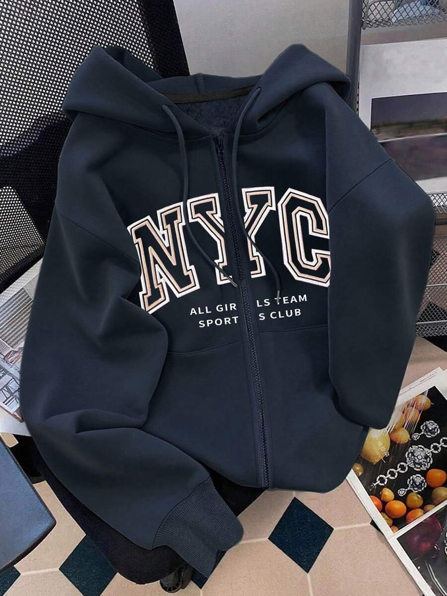 Resyla 女士字母印花长袖拉链抽绳卫衣 - 藏蓝色 - 查看 1