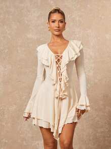 Lumalex 女士优雅性感杏色双层荷叶边领蝴蝶结设计修身迷你连衣裙，长袖，春秋 - 杏色 - 查看 4