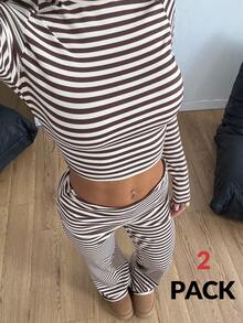 Coolane 女士秋冬街头风外出复古条纹图案弹力舒适长袖插肩T恤和小号喇叭裤两件套 - 彩色 - 查看 7