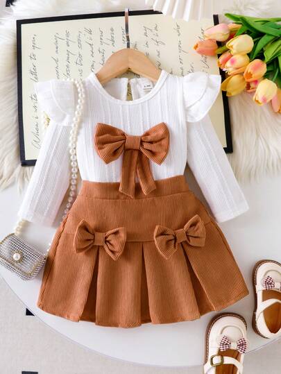 2pcs Toddler Girls' Knitted Flutter Sleeve Top T-Shirt And Corduroy Skirt Set, Comfortable And Fashionable Daily Outfit For Spring/Autumn