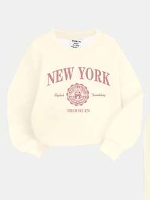 Beige & Cream, Retro Sporty Contrast Color Street Style, New York, Sporty Bear Print, Energetic Vibe, Baby Girl Casual Loose Fit Soft Knit Pullover Sweatsuit Set Suitable For Autumn/Winter, Cozy Season, Christmas Vibes, Christmas Gifts, Autumn & Winter Outfits, Easy Comfort, Autumn & Winter Layers For Baby & Girls, Stylish Girls, Casual Wear, Baby Girl Graphic Tops, New Style, Fall New Style, Winter Fashion - Multicolor - View 4