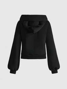 ROMWE Grunge Punk Dark Cute Devil Horn Metal Rivet Trim Slim Fit Hooded Sweatshirt - Black - View 2