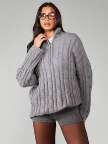 MISSGUIDED Cable Knit Zip Up Hooded Sweater With Oversized Fit For Fall Winter Casual Wear - Dark Grey - View 3