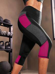 Powerista Quần legging tập luyện Colorblock dài đến bắp chân, co giãn cao, kiểm soát bụng, có túi bên hông và quần tập yoga lưới tương phản dành cho nữ - Màu đỏ tím - Xem 11