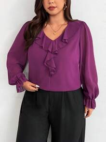 SHEIN Privé Plus Size Women's Solid Color Ruffle Collar Long Sleeve Loose Fashion Blouse - Purple - View 9