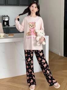 Bộ đồ ngủ rộng rãi in hình gấu dễ thương cho bé gái tuổi teen, mặc ở nhà thường ngày - màu đen - Xem 3