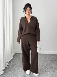 Dazy Plus Bộ 2 áo len dệt kim rộng rãi thoải mái và quần dài, cổ chữ V, cỡ lớn dành cho nữ, mùa thu/đông - màu nâu - Xem 8