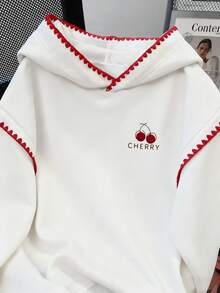 Resyla 女士卫衣/樱桃字母刺绣/休闲简约时尚卫衣/刺绣工艺/时尚上衣/卡通卫衣/复古冬季卫衣/秋冬宽松圆领长袖连帽衫/女士春季套头衫，时尚卫衣，女士蕾丝撞色连帽衫，长袖上衣，秋冬连帽衫 - 白色 - 查看 3