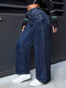 SHEIN PETITE 女式高腰口袋阔腿宽松休闲牛仔裤 - 深色水洗藍 - 查看 6