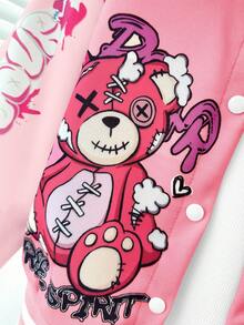 SHEIN Sparklyn Young Girls Adorable Pink Regular Length Jacket Feature Cartoon Print Baseball Collar Long Sleeves And Tight Hem - Pink - View 6