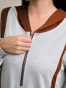 Graceveil Sweatshirt Hoodie Wanita Kasual dengan Blok Warna Kontras, Model Longgar Panjang, Musim Gugur/Dingin - Coffee Brown - View 6