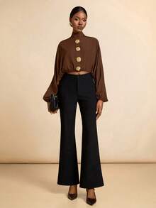 SHEIN Veneréa Women's Metal Decor Ruched Cuff Shirt - Coffee Brown - View 5