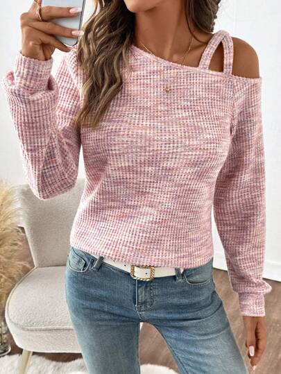 SHEIN Clasi Women Brushed Thickened Ribbed Asymmetric Collar T-Shirt