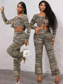 Lureya Autumn/Winter Sexy, Gentle, Night Out Style 2-Piece Set: Long Sleeve Open Front Cropped Cardigan With Fitted Silhouette, High Waist Skinny Pants; Fuzzy Knit Fabric, Colorblock Striped Knit Material, Fuzzy Yarn, Front Button Closure, Waist Cutout Design; Suitable For Party, Night Out, Clubbing, Birthday, Holiday, Streetwear, Christmas,Thermal,Warm,Cold Weather Clothes - Multicolor - View 7