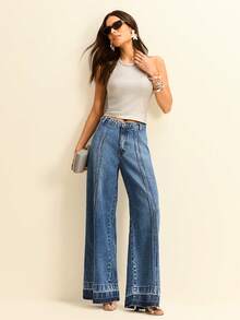 Daynim Quần jeans ống rộng cạp cao, đường may phía trước, chất liệu trơn. - Rửa trung bình - Xem 5