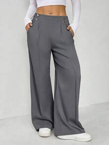 SHEIN EZwear 大码灰色优雅休闲金属双扣直筒办公裤，秋冬款 - 灰色 - 查看 1