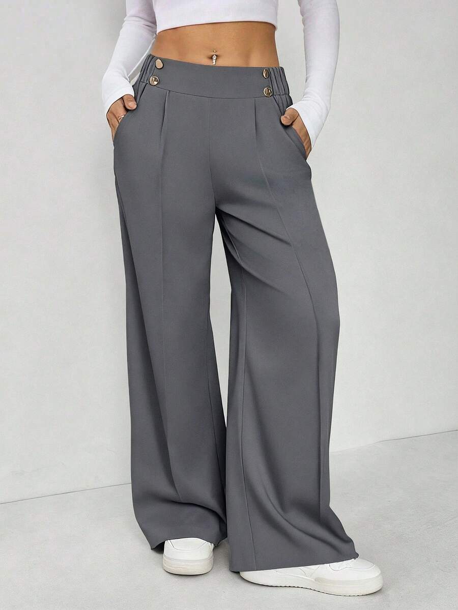 SHEIN EZwear 大码灰色优雅休闲金属双扣直筒办公裤，秋冬款 - 灰色 - 查看 1