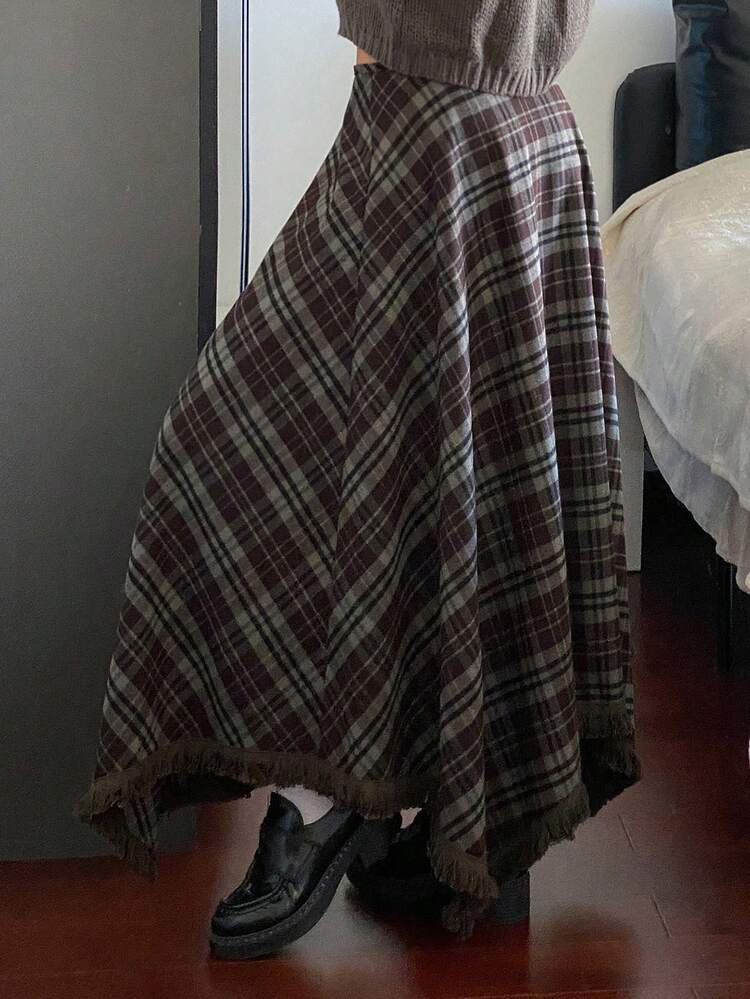 Women's Elegant Asymmetrical Fringe Hem A-Line Skirt, Loose Fit Colorblock Plaid Pattern, Suitable For Autumn/Winter Y2k