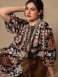 SHEIN LUNE Đầm mùa hè cỡ lớn dành cho nữ, họa tiết cây nhiệt đới, trang phục Valentine cho nữ, trang phục mùa hè cho nữ, đầm dài tay dài dáng rộng cổ chữ V có nơ, đầm đầu thu, trang phục ngày lễ cho nữ, đầm maxi. - Nhiều màu - Xem 4