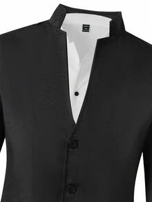 2pcs Black Suit Set:Long Sleeve Mandarin Collar Blazer&Trousers,Summer Cute Formal Tuxedo For Men&Teenagers,Shiny Minimalist Outfit For Weddings,Piano - Black - View 5