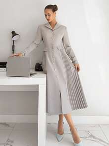 Siren Gaze Women's Solid Color Minimalist Long Sleeve Midi Dress, Casual Everyday Wear Office Dress For Women Dress Modest Long Sleeve Elegant Dress Corporate Dress Pleated Dresses For Women New Year Dress Elegant Dresses For Women Formal Dress Formal Dress For WomenOffice Attire Old Money Style Dress Hepburn-Style Pleated Suit Dress Winter Elegant Clothes For Women Dress Suits For Woman Winter Dress For Women Blazer Dress For Women - Nude - View 2