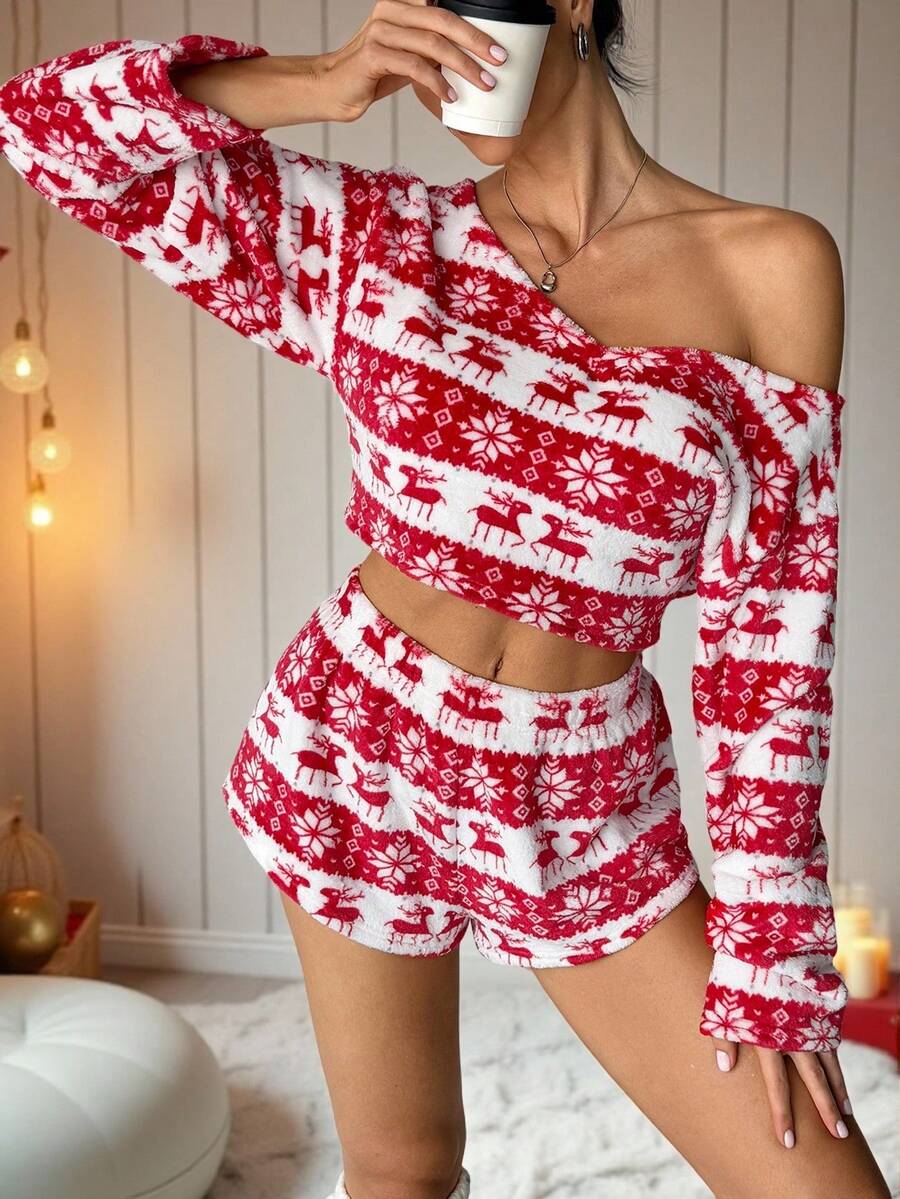 SHEIN Tall 2pcs Women Christmas Print Off-Shoulder Ruffle Hem Crop Sweatshirt & Loose Shorts Set,Christmas Women's Clothing,New Year Outfit,Christmas Pajamas Fall/Winter - Red and White - View 1