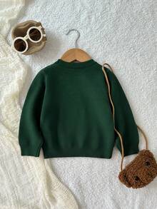 SHEIN Playful Pals 小男孩卡通熊提花针织圆领休闲毛衣 - 軍綠色 - 查看 2