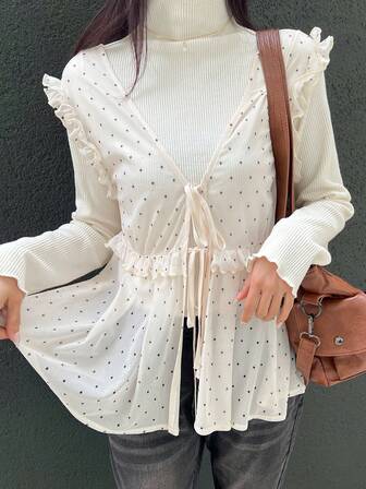 FRIFUL Women's Polka Dot Print Ruffle Hem Tie Front Mini Dress