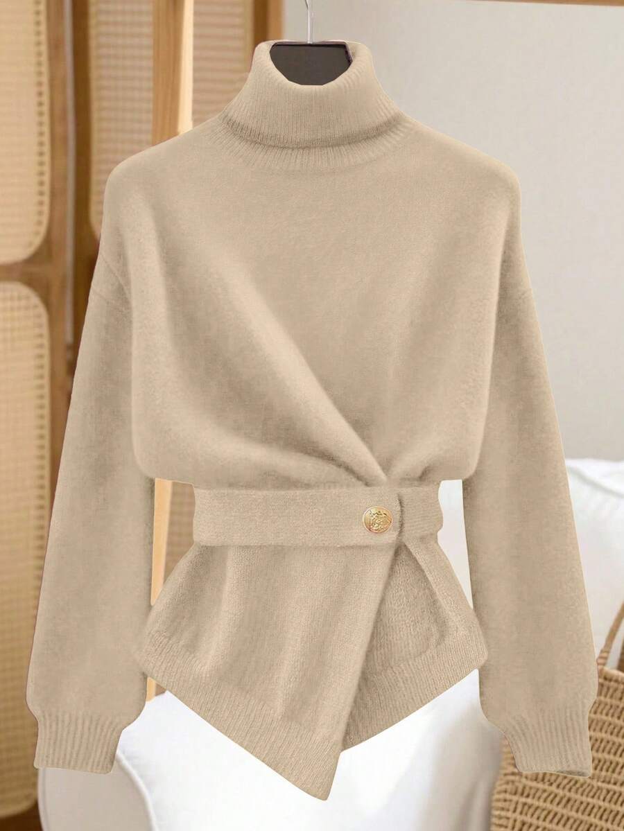 Franclia Women's Elegant High Neck Loose Cinching Waist Design Asymmetrical Hem Pullover Sweater, Winter Women Sweaters Turtle Neck Women Sweater Top Winter Clothes For Women Sweaters - Khaki - View 1