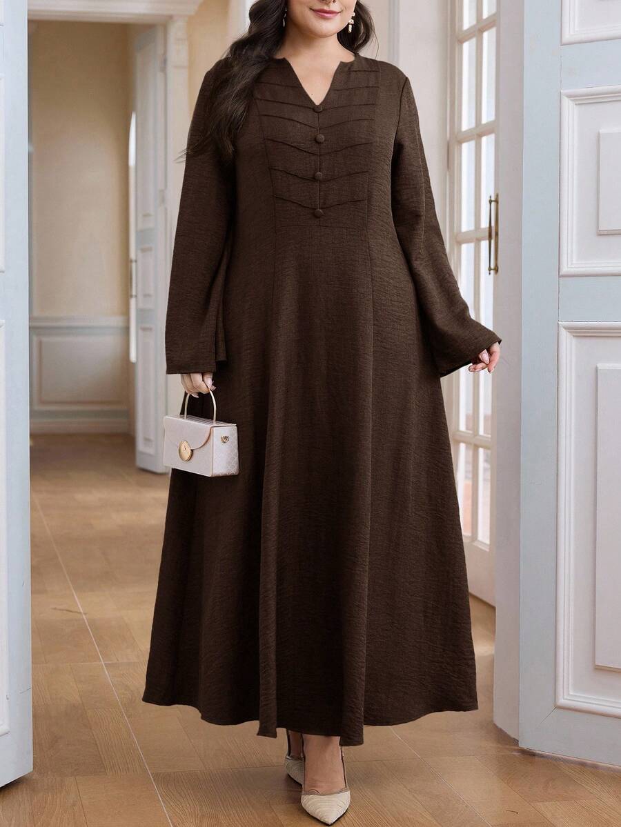 Al Najma Plus Size Women Elegant Solid Color Notched Neck Arabic Style Dress - Camel - View 1