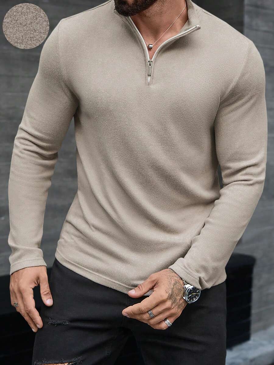 Manfinity CasualCool 男士纯色休闲百搭半拉链套头T恤 - 卡其色 - 查看 1