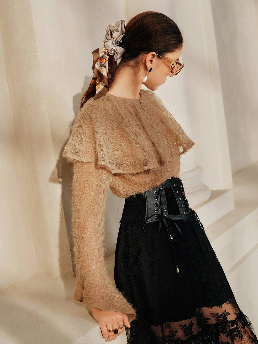 Anewsta Savoree Autumn Women's Peter Pan Collar Top, Halloween Flowy Lace Blouse, Y2K Style - Khaki - View 1