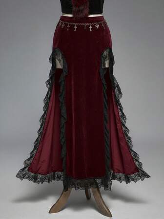 Goth تنورة نسائية بأسلوب جوثي مثير مع شق عالي من الدانتيل والمخمل