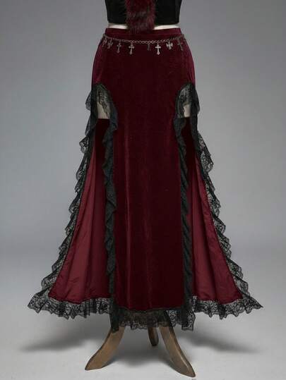 Jupe gothique sexy fendue en dentelle et velours pour femmes