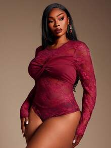 Radiana Body de encaje transparente y sexy para mujer de talla grande, adecuado para citas, fiestas, salidas, fiesta de Nochebuena - Rojo - Ver 4