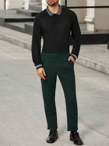 Manfinity Bizformal Pantalones rectos y sueltos de unicolor con pliegues para oficina para hombres - Verde - Ver 4