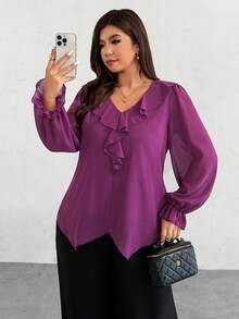 SHEIN Privé Plus Size Women's Solid Color Ruffle Collar Long Sleeve Loose Fashion Blouse - Purple - View 5