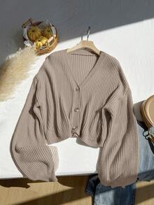SHEIN EZwear 大码休闲纯色灯笼袖开衫，杏色女式秋冬装 - 駝色 - 查看 3