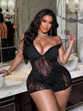 NU&NOW Plus Size Fashionable Sexy Lace Patchwork Bodysuit Shorts