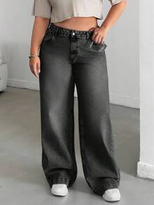 SHEIN Cottnline WOMEN HIGH WAISTWIDELEG CUTLINE PLUS SIZE JEAN - Dark Grey - View 4