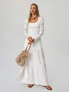 Freevana Women's White Lace 2-Piece Set,Elegant Square Neck Long Sleeve Blouse&Long Skirt,Autumn Holiday Tea Party Vacation Outfit, Beach Resort Wear - White - View 7