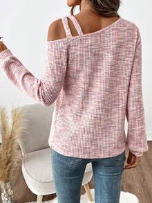 SHEIN Clasi Women Brushed Thickened Ribbed Asymmetric Collar T-Shirt - Dusty Pink - View 2