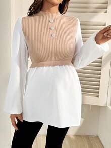 SHEIN Maternity Patchwork Long Sleeve Pullover Sweater - Khaki - View 6