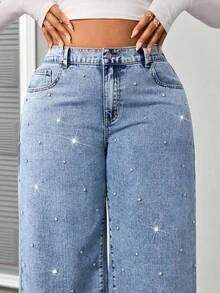 Slaydiva 大码女式高腰口袋水钻装饰阔腿宽松休闲牛仔裤，新年浅蓝色牛仔裤，高腰直筒牛仔裤，派对装扮。圣诞节新年假日 - 淺色水洗藍 - 查看 6