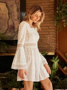 Lullawish Camisón de mujer con cuello cuadrado de jacquard tejido y mangas acampanadas, estilo bohemio y rosa