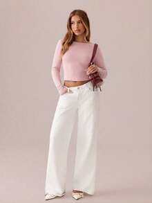 SHEIN SXY 黑色上衣；女士性感撞色系带露背修身T恤，女士圆领长袖纯黑色修身蝴蝶结上衣，适合约会、年轻性感、日常外出、秋季、日常约会旅行穿着；日常外出办公穿着粉色蝴蝶结上衣露背上衣粉白露背衬衫露背上衣 - 粉色 - 查看 2