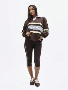 BABYPHAT Áo nỉ phong cách bóng bầu dục cổ điển với sọc tương phản và họa tiết chữ đại học cho trang phục thường ngày mùa thu đông - Cà phê nâu - Xem 7