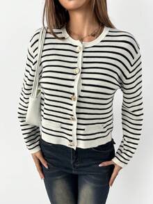 SHEIN PETITE Áo len dệt kim kẻ sọc thường ngày cho bé gái, tối giản và thời trang, thích hợp mặc hàng ngày - Đen và trắng - Xem 7