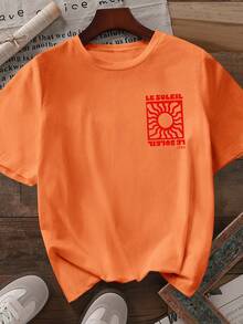 SHEIN Unity Women Letter & Sun Print Short Sleeve Loose Casual T-Shirt, Summer - Orange - View 2