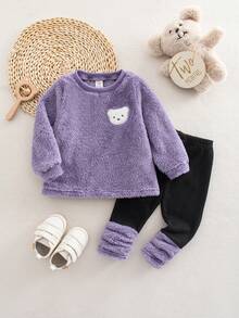 SHEIN 女婴可爱毛绒卡通图案保暖连帽衫套装，秋冬季 - 紫色 - 查看 1